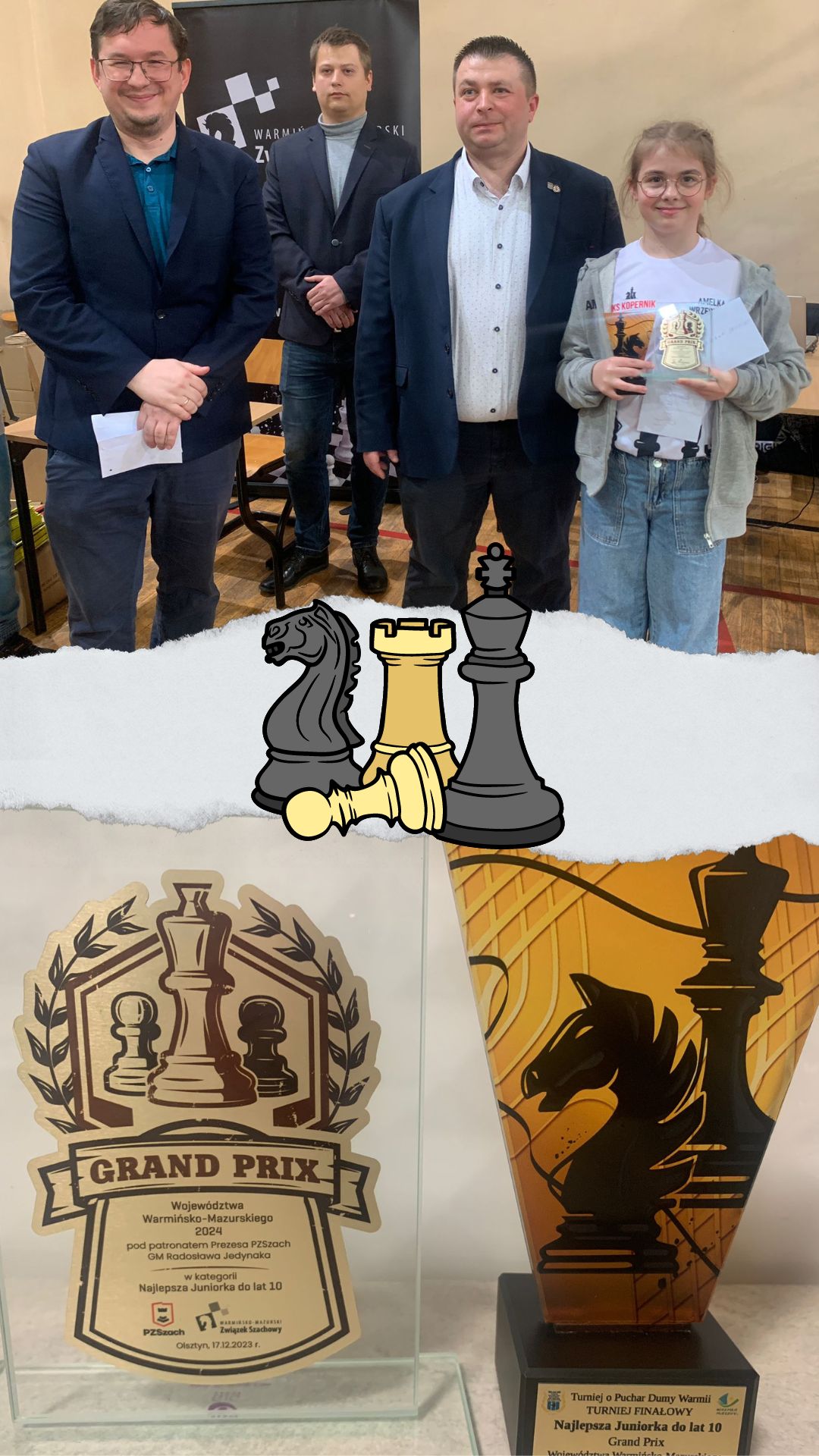 Uczennica SP9 z pucharem i organizatorami turnieju szachowego
