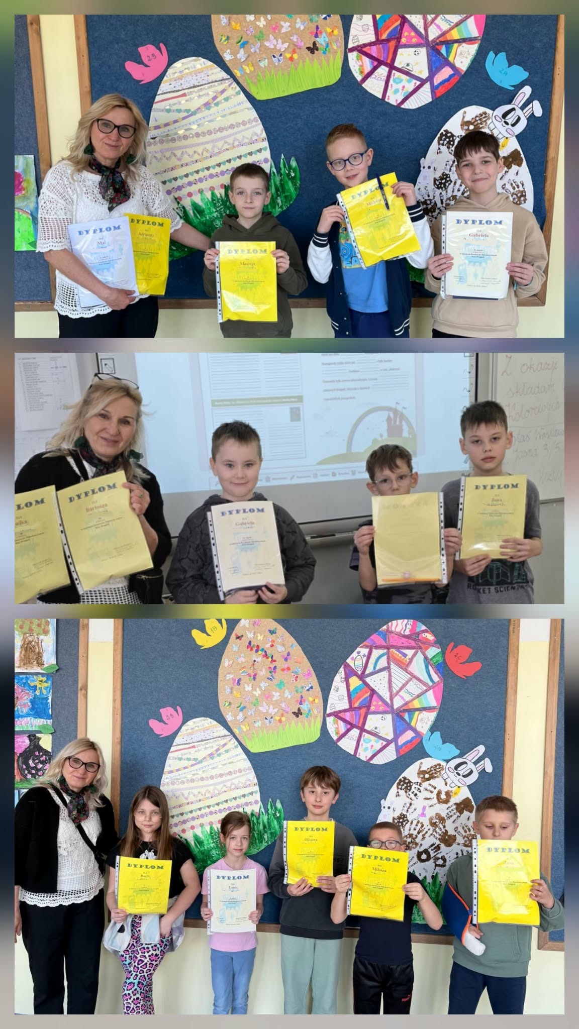 Organizatorka konkursu z uczniami i dyplomami