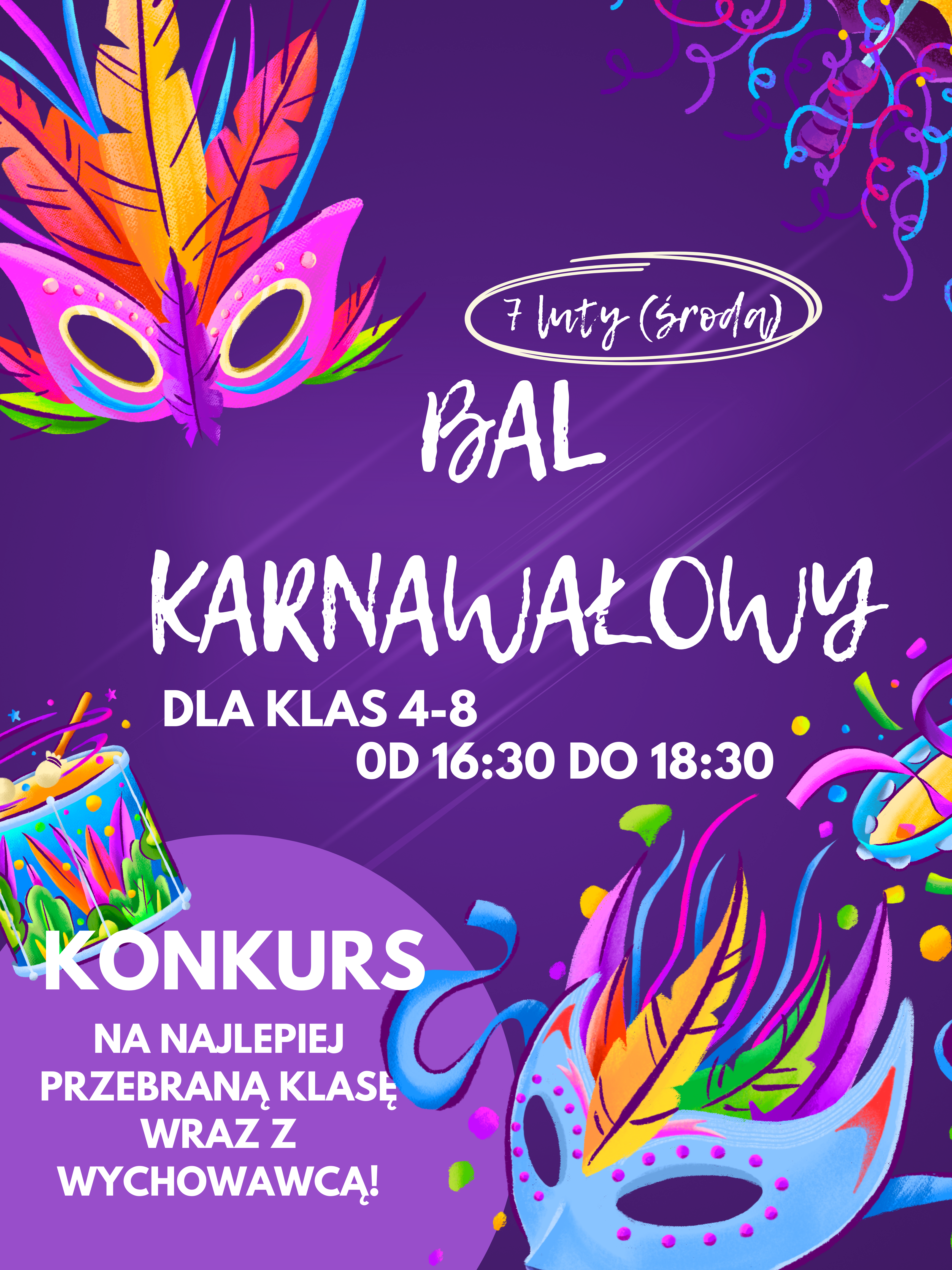 7 luty środa bal karnawałowy dla klas 4-8 od 16:30 do 18:30