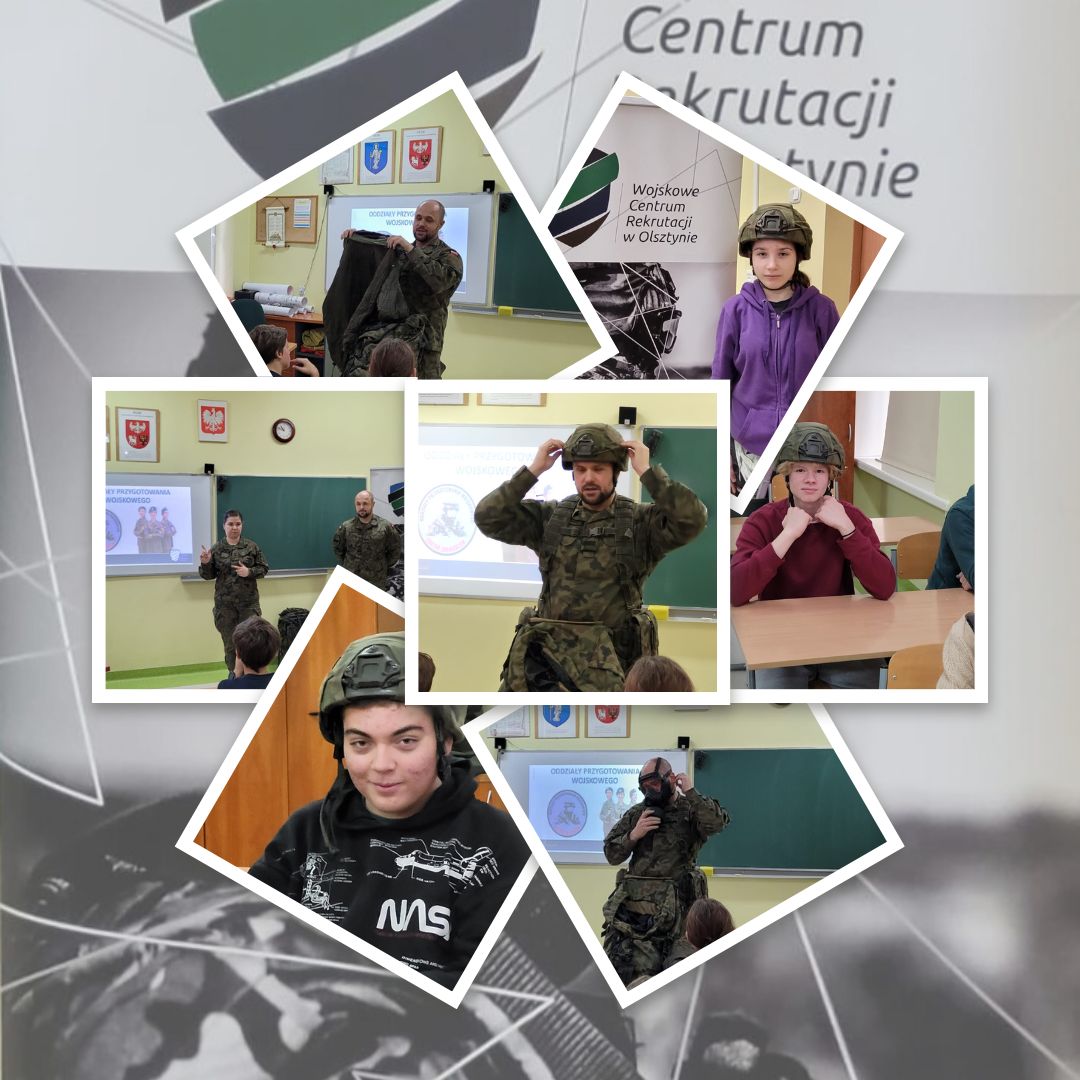 Uczniowie zapoznają się z wojskowym wyposażeniem.