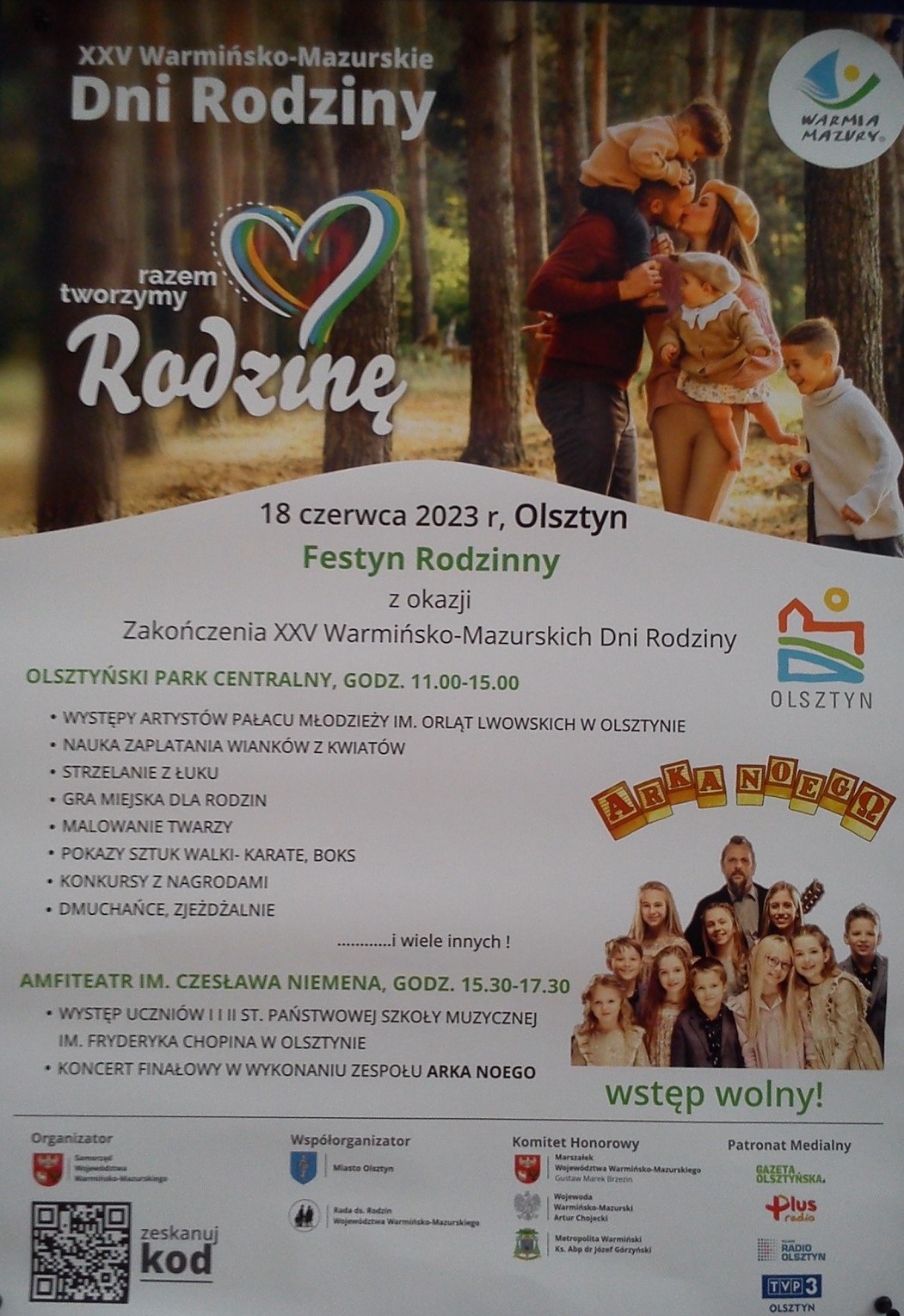 Festyn rodzinny 18 czerwca 2023, Olsztyński Park Centralny godz. 11.00-15.00, Amfiteatr im. Czesława Niemena, godz. 15.30-17.30