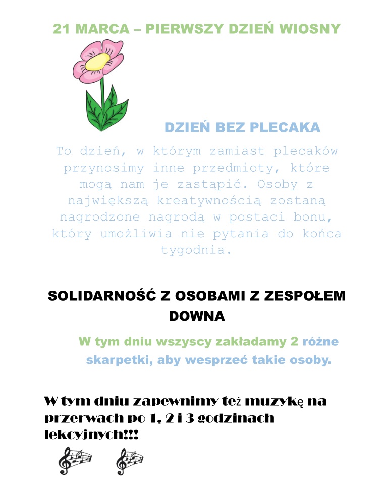 21 marca - pierwszy dzień wiosny. To dzień, w którym zamiast plecaków przynoimy inne przedmioty, które mogą nam je zastąpić.