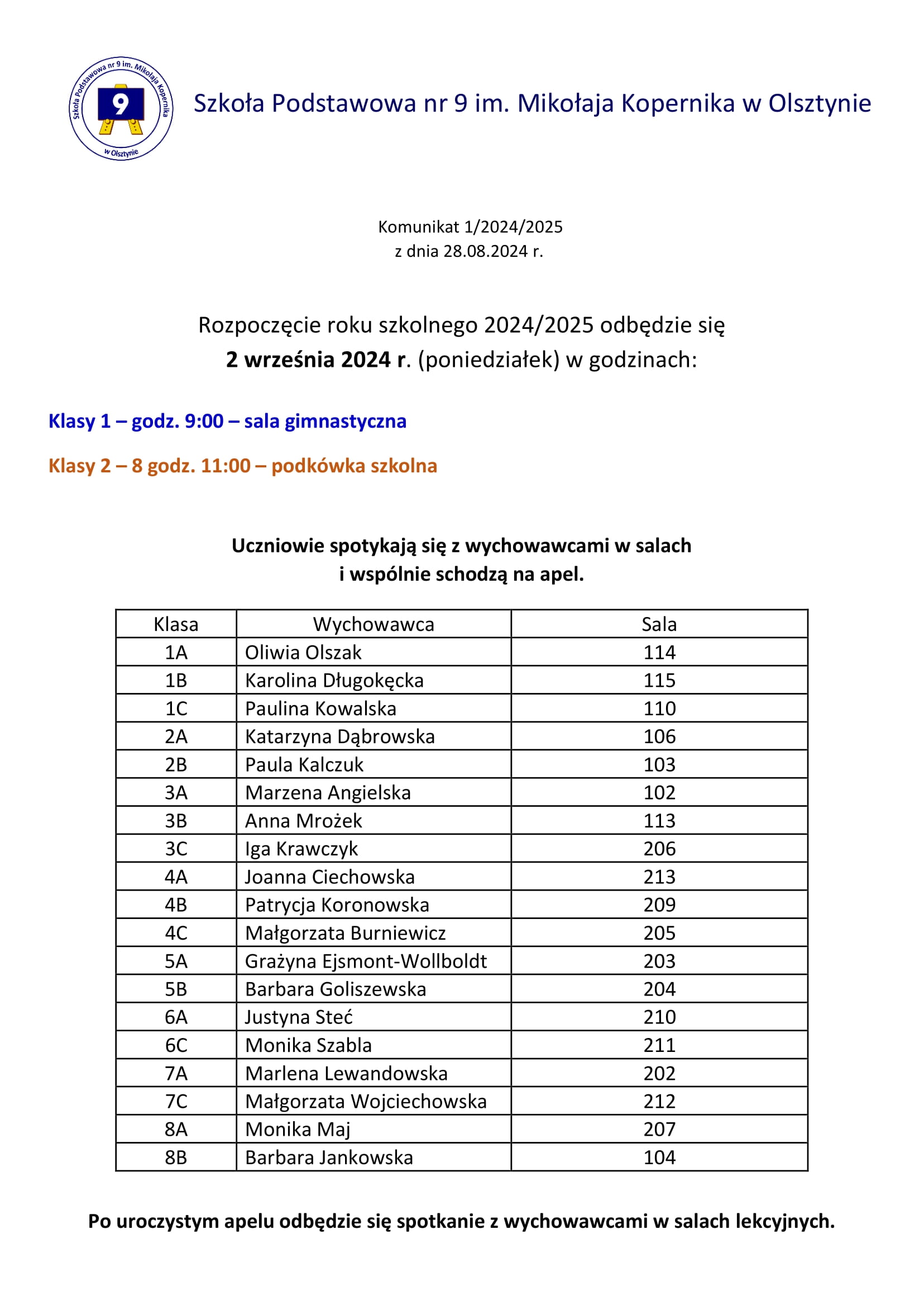 Rozpoczęcie roku szkolnego 2024/2025 odbędzie się 2 września 2024 r. (poniedziałek) w godzinach:  Klasy 1 – godz. 9:00 – sala gimnastyczna  Klasy 2 – 8 godz. 11:00 – podkówka szkolna