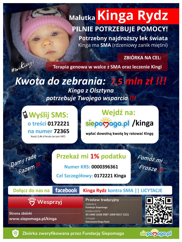 Kinga z Olsztyna potrzebuje twojego wsparcia, wyślij sms o treści 0172221 na numer 72365