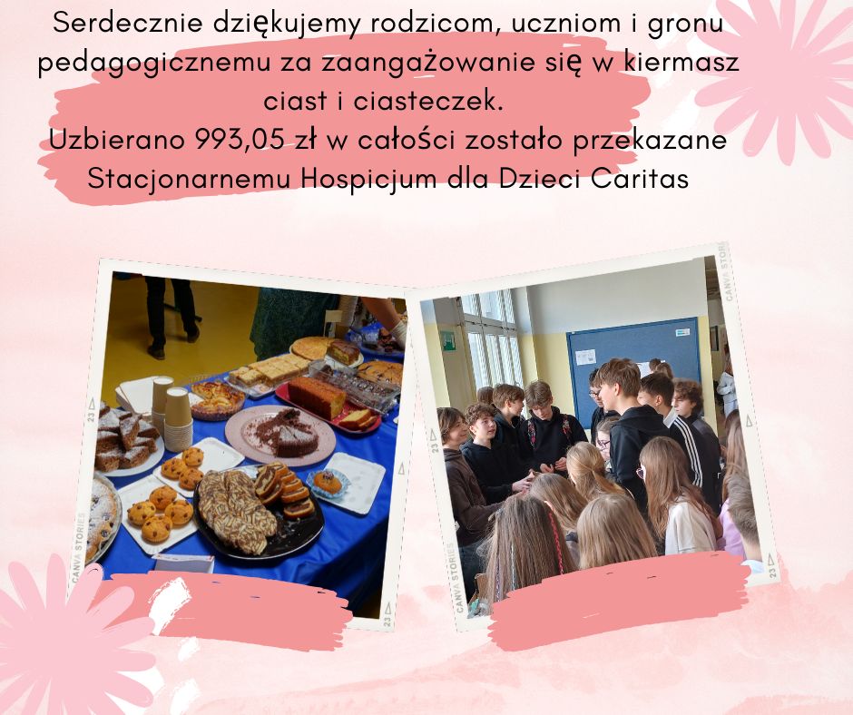 podziękowania dla rodziców, uczniów i nauczycieli za pomoc. Uzbierano 993,05 zł dla Hospicjum dla Dzieci Caritas